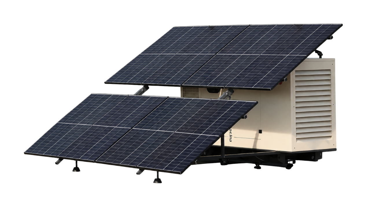 Napelemes támogatással működő hibrid áramellátó rendszer ipari és külterületi energiaellátási megoldásokhoz.