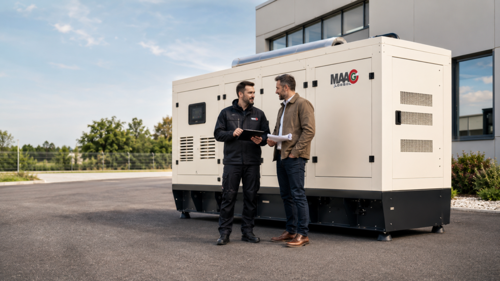 LogSol szakember és ügyfél egyeztet egy MAAG LogSol aggregátor mellett ipari környezetben, személyre szabott energiaellátási ajánlatkéréshez.