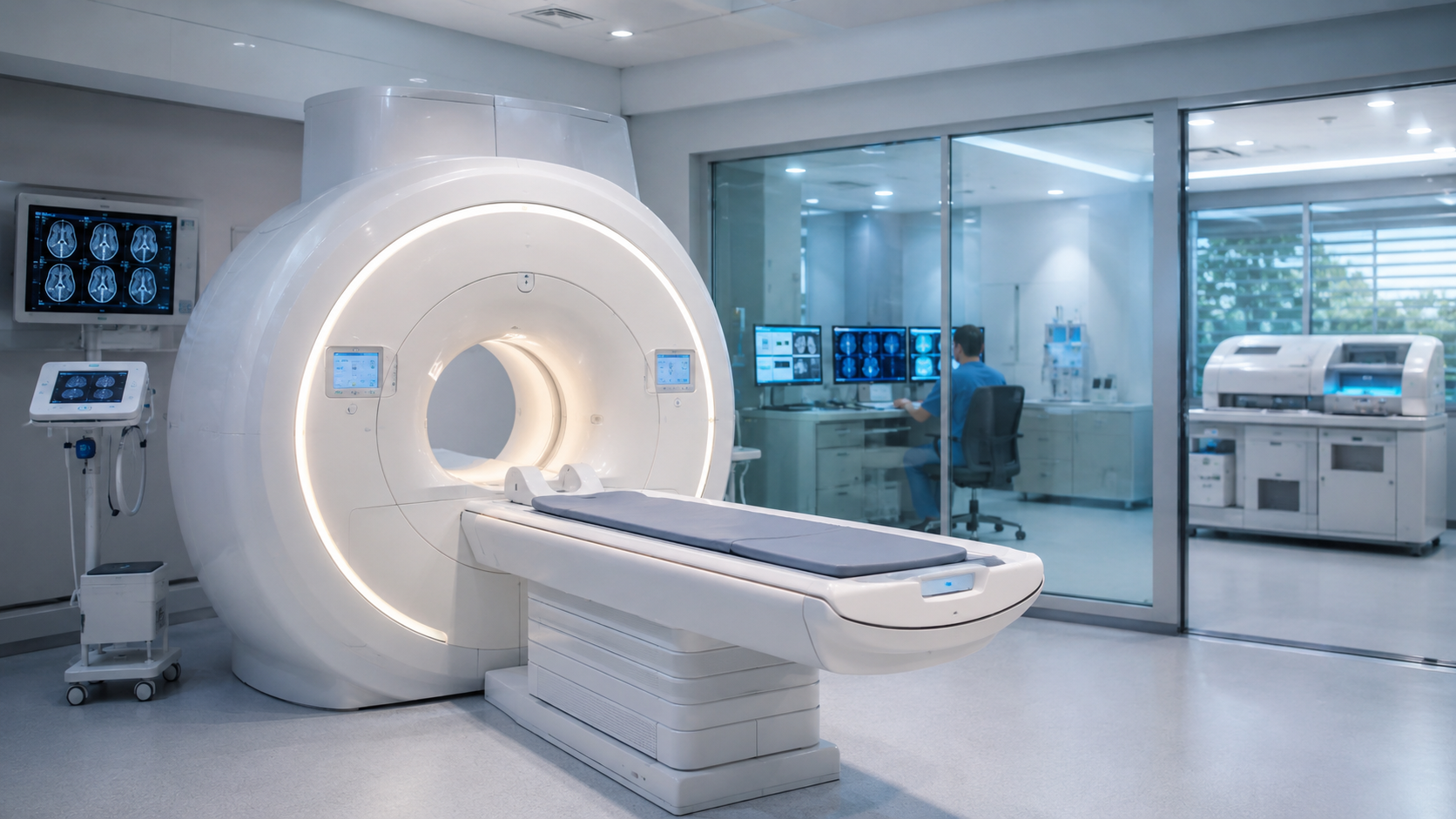 Modern kórházi képalkotó vizsgálóhelyiség nagy teljesítményű diagnosztikai berendezéssel, monitorokkal és vezérlőállomással.