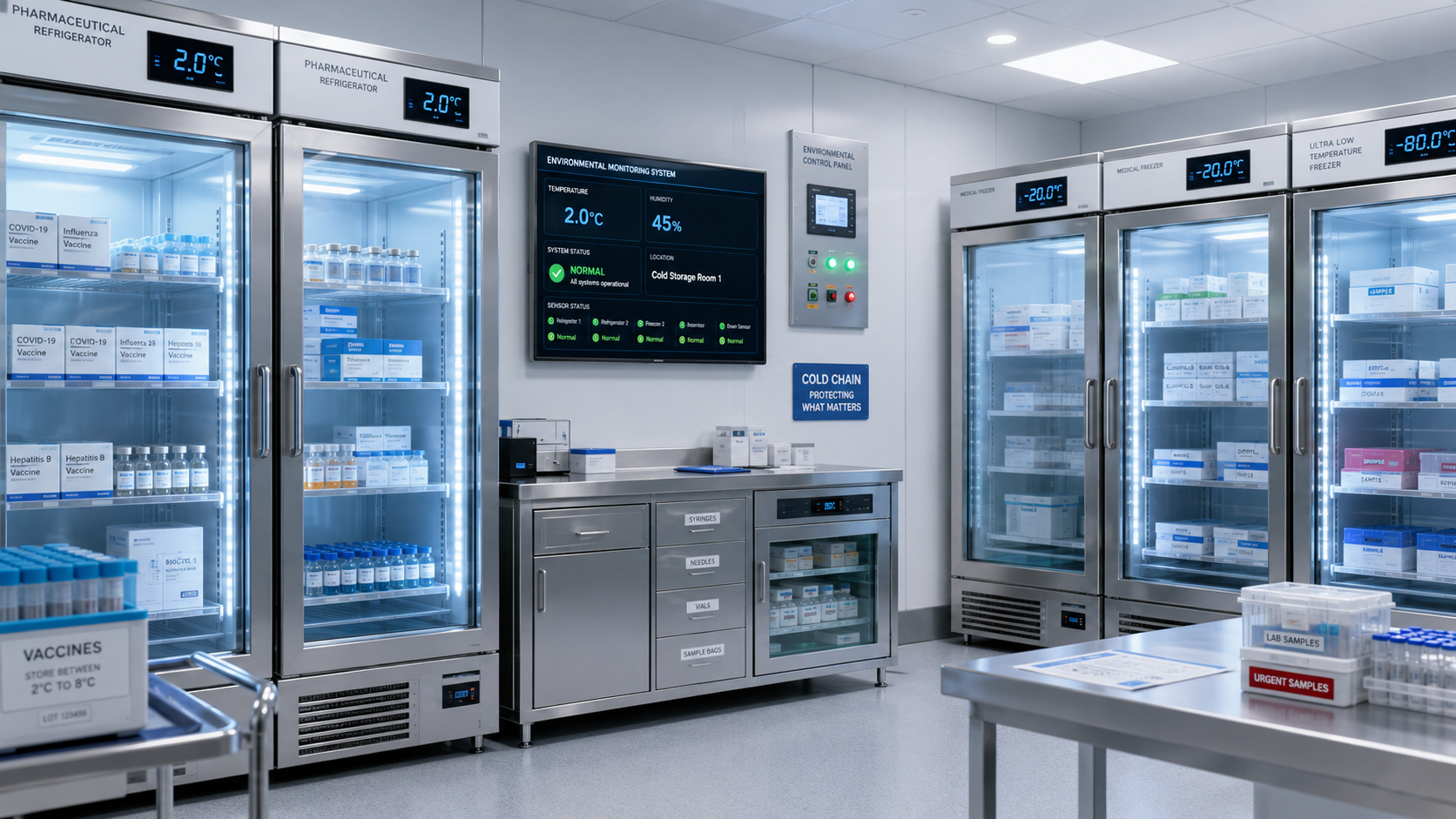 Modern egészségügyi hűtő- és tárolóhelyiség gyógyszerek, vakcinák és laboratóriumi minták hőmérséklet-szabályozott tárolására.