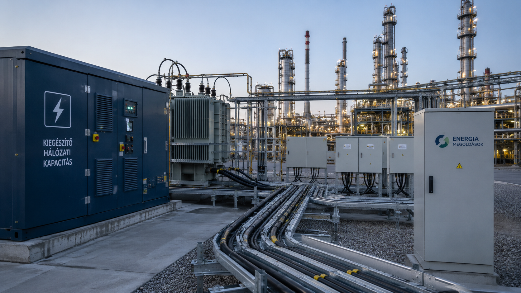 Ipari energiaelosztó rendszer kábelvezetékekkel, transzformátorral és vezérlőszekrényekkel olaj- és gázipari létesítményben.