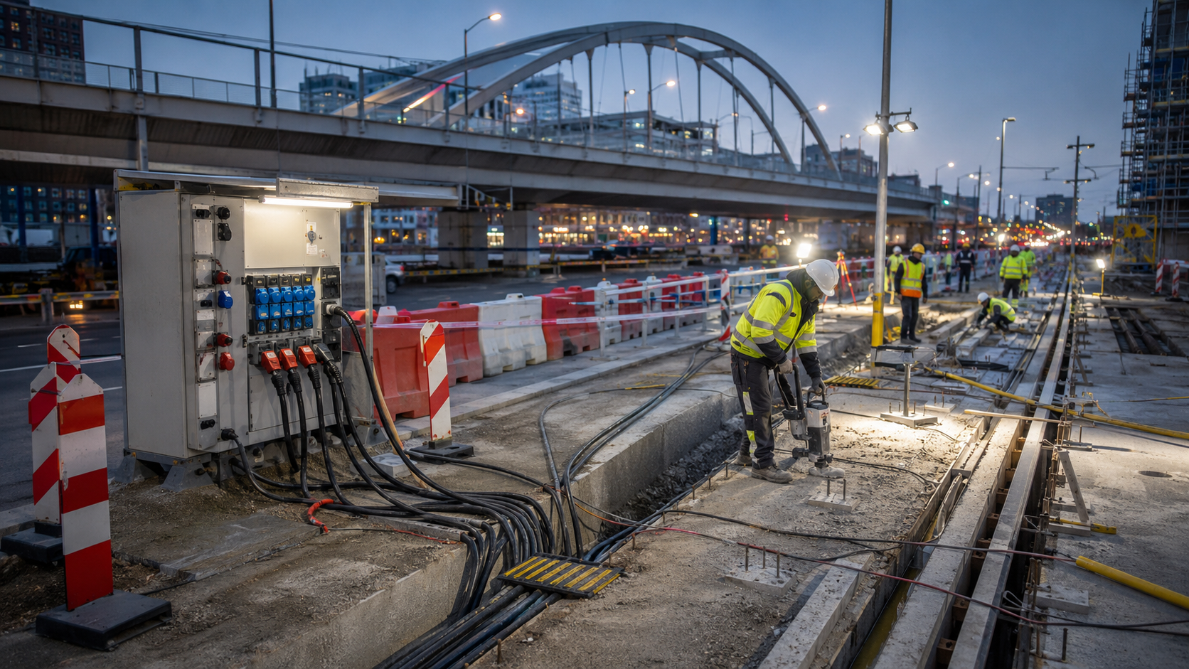 Városi út- és közlekedésfejlesztési munkaterület ideiglenes energiaelosztó szekrénnyel, kábelekkel és munkavégzést támogató világítással.