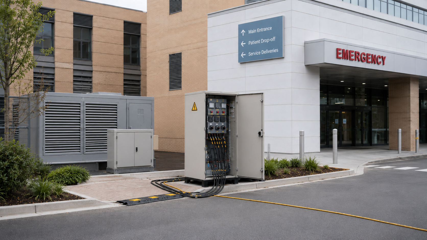Modern kórház bejárata és műszaki kiszolgáló környezete elektromos elosztószekrénnyel, kábelcsatlakozásokkal és légtechnikai berendezésekkel.