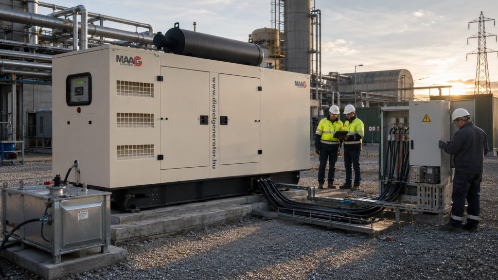 Nagyteljesítményű LogSol MAAG dízel aggregátor ipari olaj- és gázipari létesítményben, tartalék és ideiglenes energiaellátási feladatokhoz.