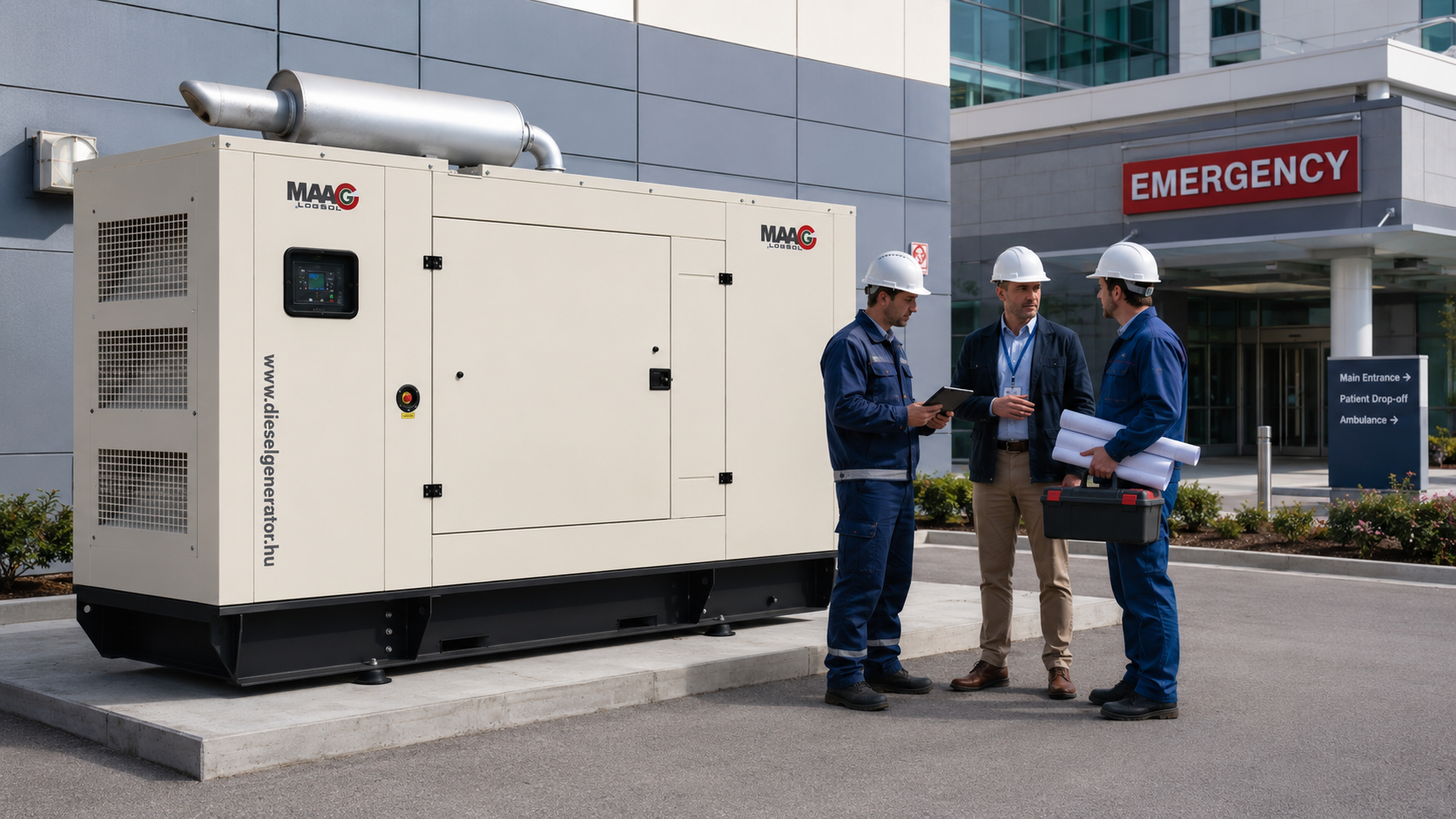 MAAG LogSol aggregátor egy kórház bejárata közelében, az egészségügyi intézmény tartalék energiaellátásának szemléltetésére.