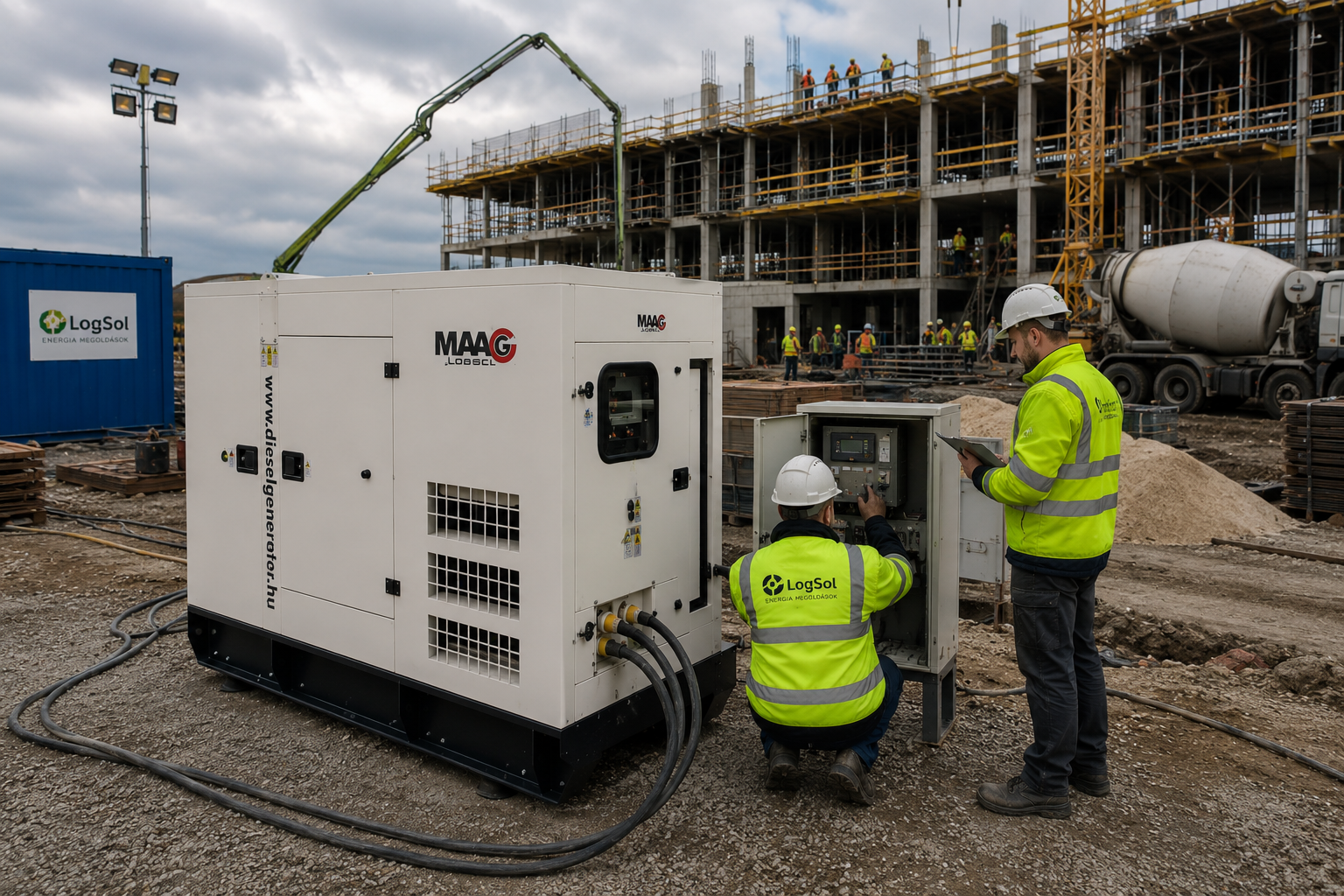 LogSol szakemberek egy MAAG dízel aggregátor mellett ellenőrzik az energiaellátási rendszert egy aktív építési területen.