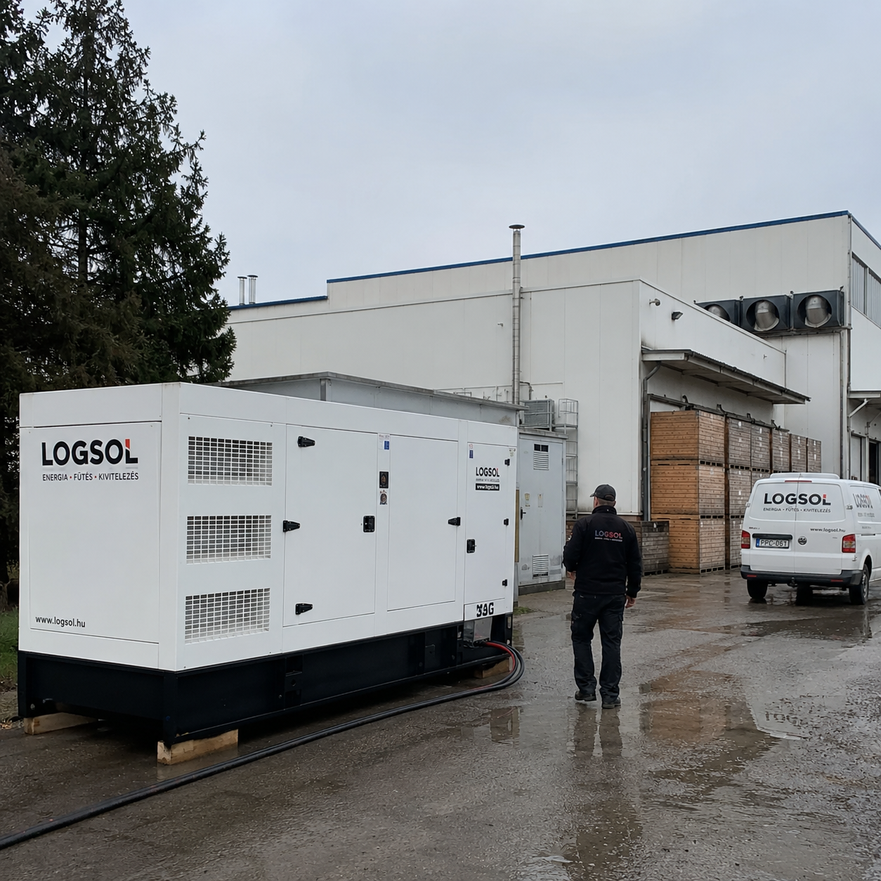 Fehér LOGSOL aggregátor látható egy ipari létesítmény udvarán, nedves burkolaton, a háttérben épületekkel, raklapokkal, céges járművel és egy munkatárssal.