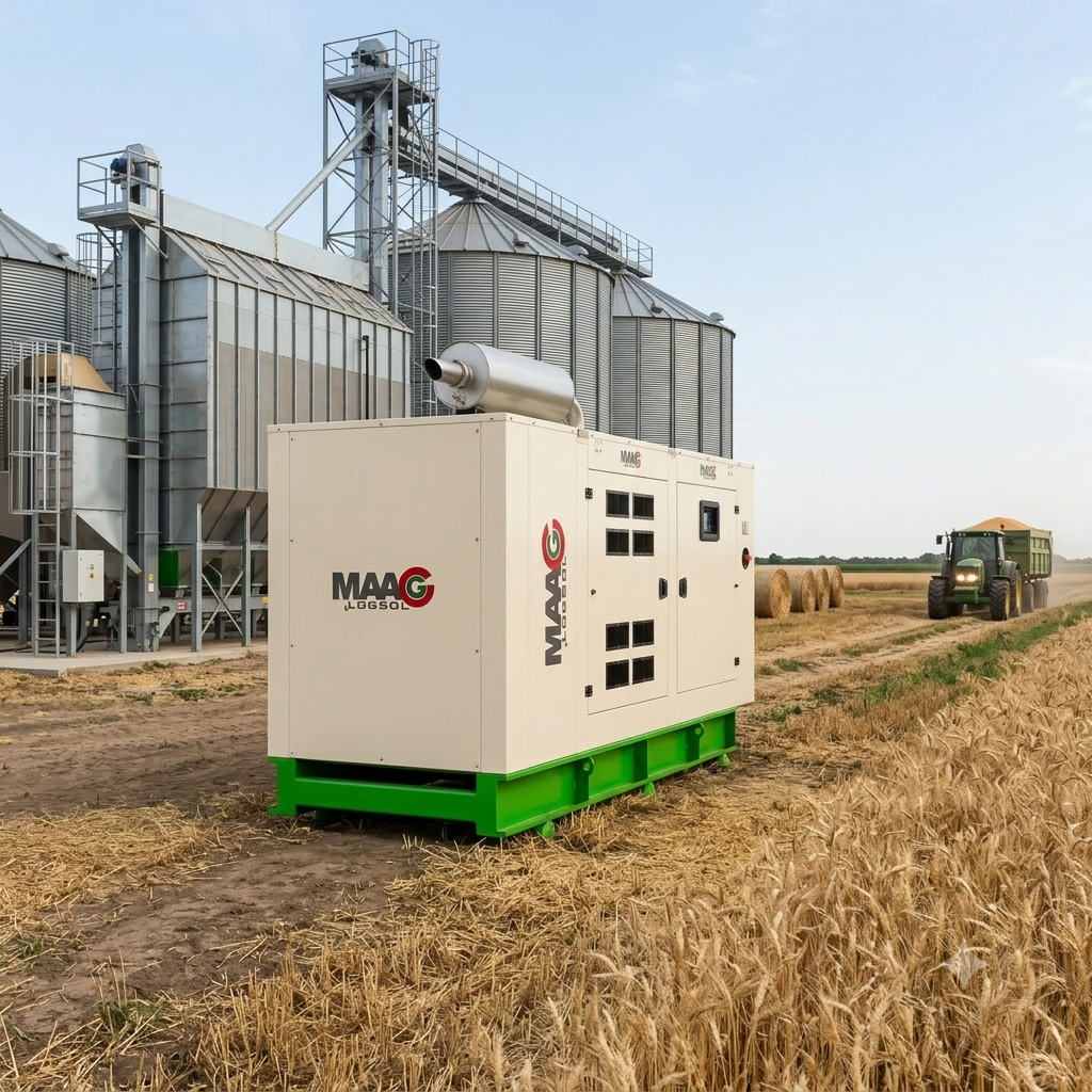 MAAG LOGSOL aggregátor áll gabonatároló silók és mezőgazdasági terület mellett, a háttérben traktorral, bálákkal és aratás utáni tájjal.