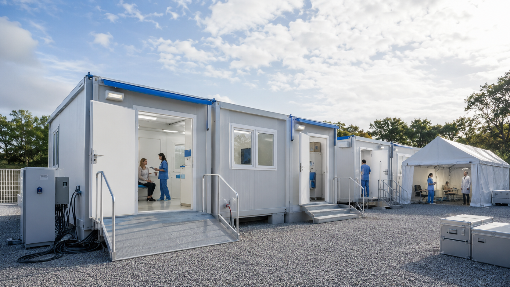 Ideiglenesen telepített mobil rendelőkonténerek és egészségügyi sátor szabadtéri ellátási helyszínen, orvosi személyzettel és páciensekkel.