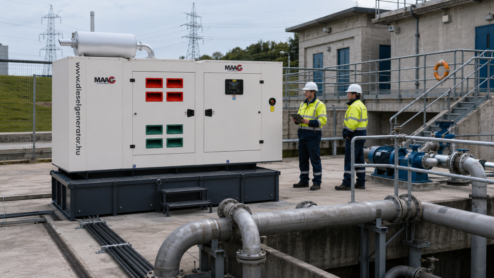 MAAG LogSol aggregátor közműves létesítményben, csatlakoztatott kábelekkel, ipari csővezetékekkel és vízkezelő rendszerrel.