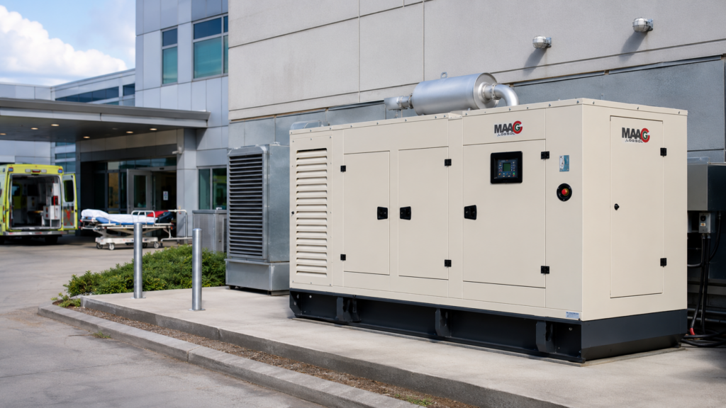Nagy teljesítményű MAAG LogSol aggregátor egy modern kórház kiszolgáló területén, vészhelyzeti energiaellátási feladatokhoz.