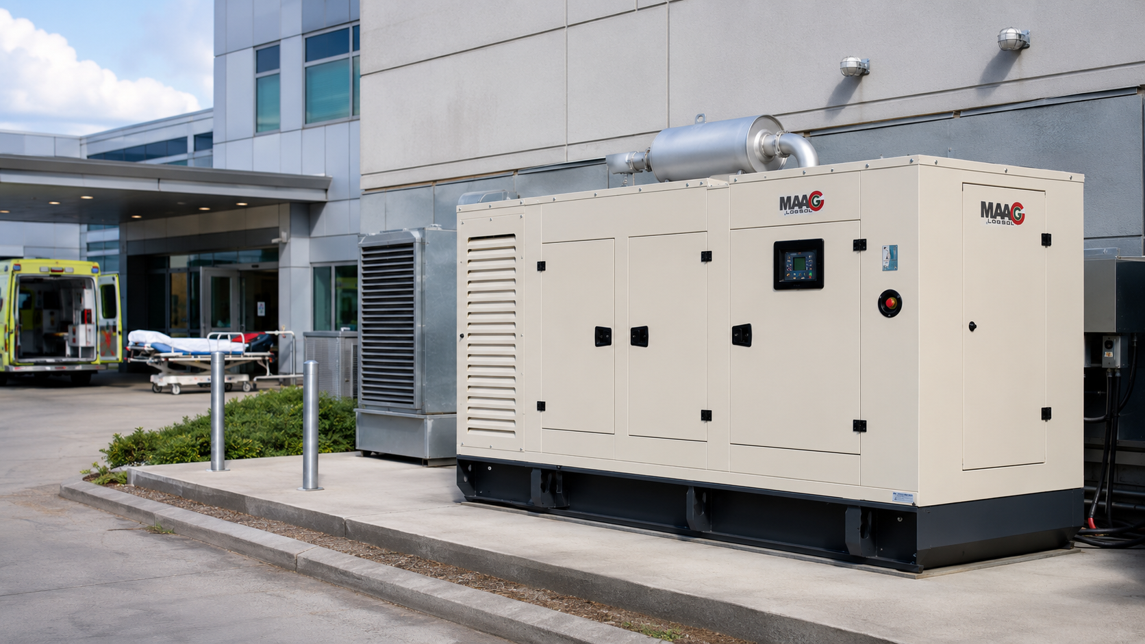 Nagy teljesítményű MAAG LogSol aggregátor egy modern kórház kiszolgáló területén, vészhelyzeti energiaellátási feladatokhoz.