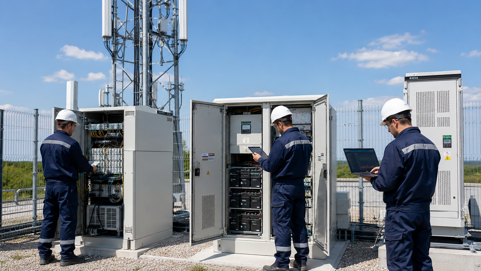 Technikusok bázisállomásnál és adatátviteli szekrényeknél ellenőrzik a telekommunikációs infrastruktúra működését.