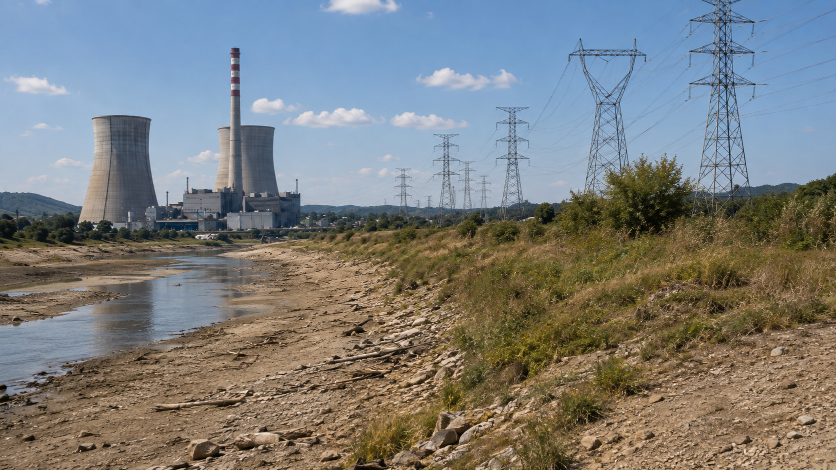 Alacsony vízállású folyópart, erőmű és villamos hálózat az energiabiztonság szemléltetésére.
