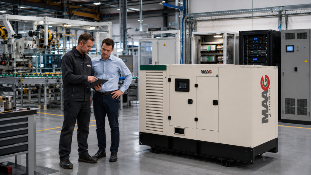 LogSol szakember és ügyfél egyeztet egy MAAG ipari aggregátor mellett modern gyártóüzemben, az ellátandó gépek és rendszerek energiaigényének felmérése közben.