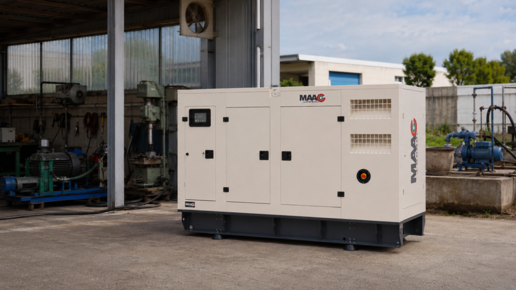MAAG by LogSol ipari aggregátor hagyományos üzemcsarnok mellett, ipari gépek és szivattyúrendszerek energiaellátásának támogatására.