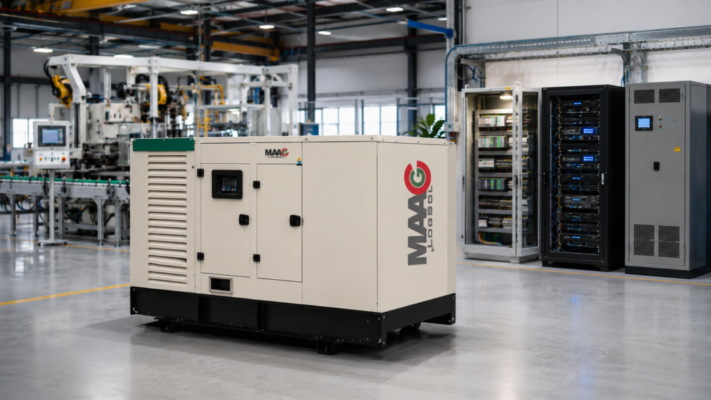 MAAG by LogSol ipari aggregátor modern gyártóüzemben, automatizált gépsorok és vezérlőszekrények mellett, tartalék energiaellátás biztosítására.